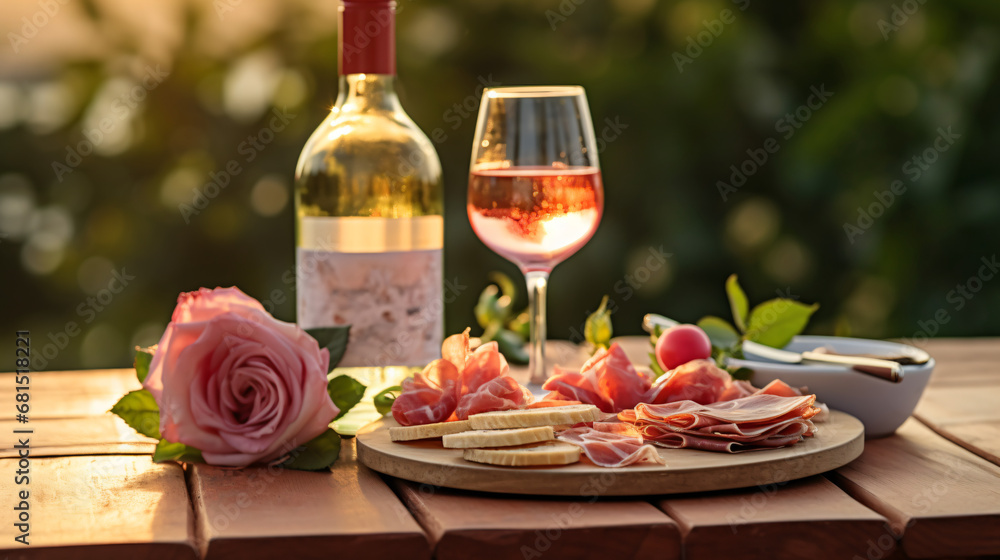 Bottle and glasses of pink rose wine with snack boar