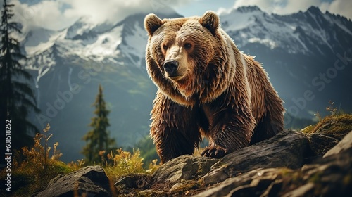 A brown bear stands atop a rock with a backdrop