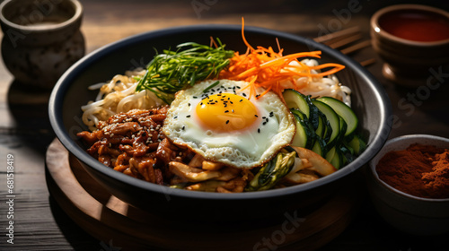 Bowl of korean traditional bibimbap meal on table
