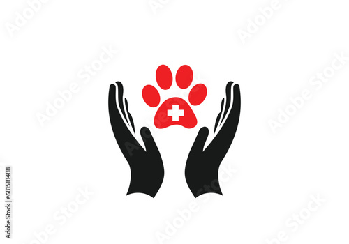Hands with paw first aid symbol, Help and care for homeless pets vector icon