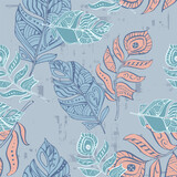 Seamless pattern of delicate feathers drawn in black ink. Texture brush and paint. Beautiful tropical peacock feathers embroidery, template textiles, t-shirt design