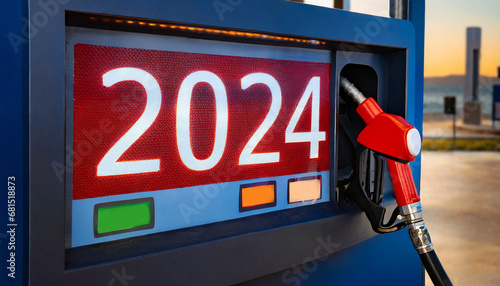 2024 on the display on the gas pump at the petrol station. Happy new years photo