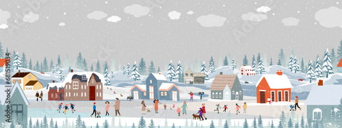 Winter Background,Seanless Pattern Village landscape with Snow intown people Celebrating on Christmas Eve,New Year 2024 City Night Sky kids playing ice skate in the park,Vector Xmas banner 