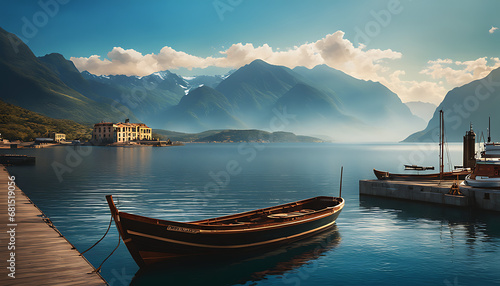 a boat is docked in a harbor with mountains in the background