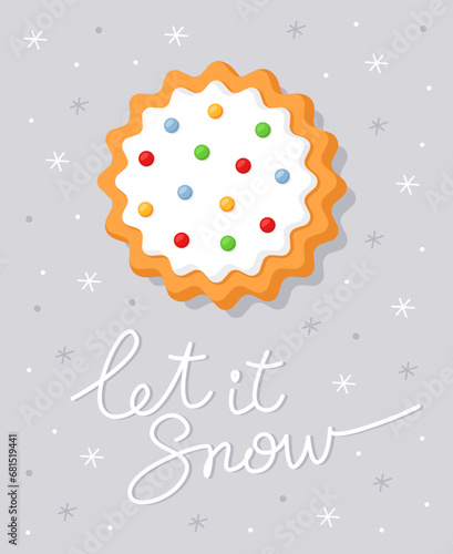 New Year's card with a round gingerbread with white decor. White inscription "Let it snow". Christmas card. Cute simple illustration. Light gray background. 