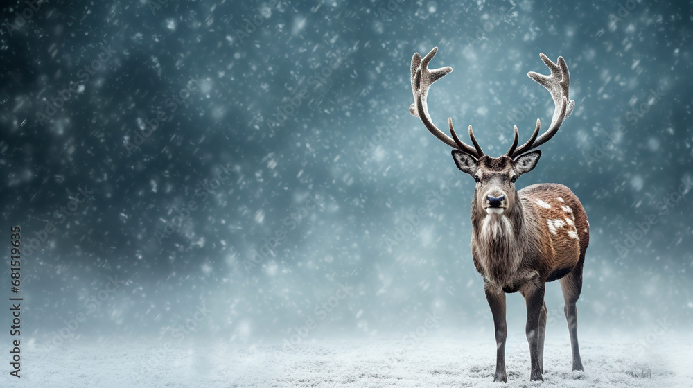 Fallow deer with big antlers in snowfall. Winter background. Reindeer New Year concept. Fallow deer with big antlers in snowfall. Winter background. Reindeer New Year concept.