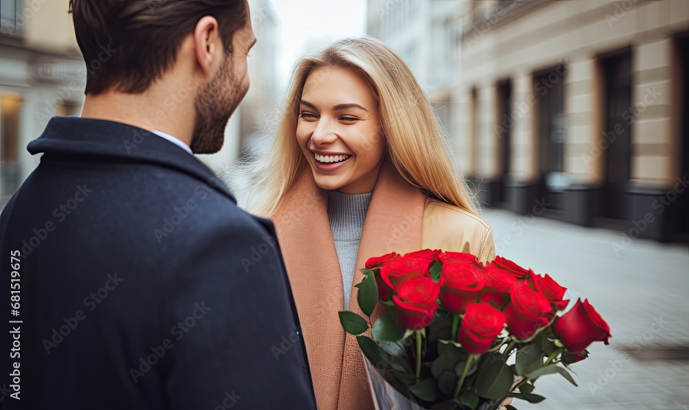 A man holding a bouquet of red roses next to a woman A man holding a bouquet of red roses next to a woman