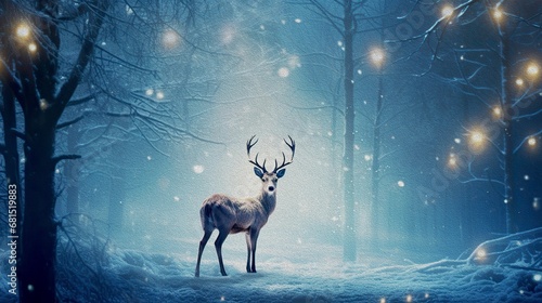 Magic festive reindeer covered in glowing lights. Funny deer with big antlers standing in snowfall. Reindeer New Year concept oil painting.