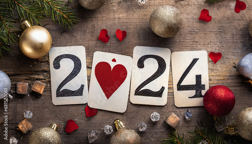 2024 written with playing cards in the centre of Christmas decorations on a rustic table. Happy new years