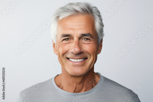 Generative AI picture of cheerful man after whitening teeth procedure in dental clinic isolated on white background photo