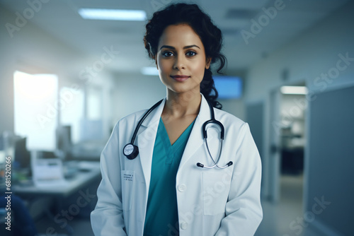 Professional portrait of a Muslim female doctor standing in the clinic she's working at 