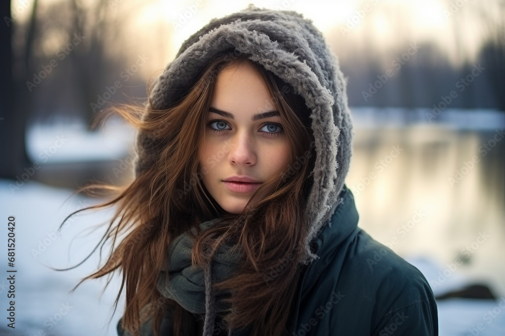 Generative AI portrait of young pretty girl in snowy forest tree magic atmosphere Generative AI portrait of young pretty girl in snowy forest tree magic atmosphere