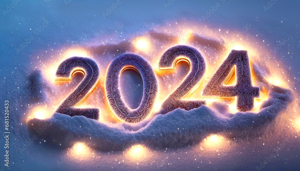 Podświetlony napis 2024 na śniegu. Tło na Nowy Rok lub Sylwestra - obrazy, fototapety, plakaty 