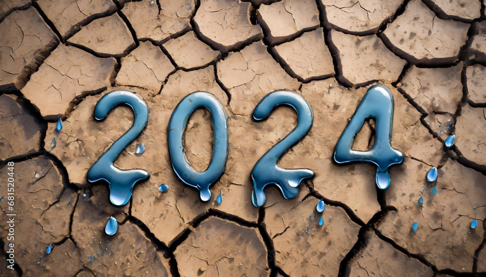 Napis 2024 tworzony przez wodę na suchej, spękanej ziemi. Motyw pogłębiającej się globalnej suszy, ochrony środowiska i zasobów wodnych - obrazy, fototapety, plakaty 