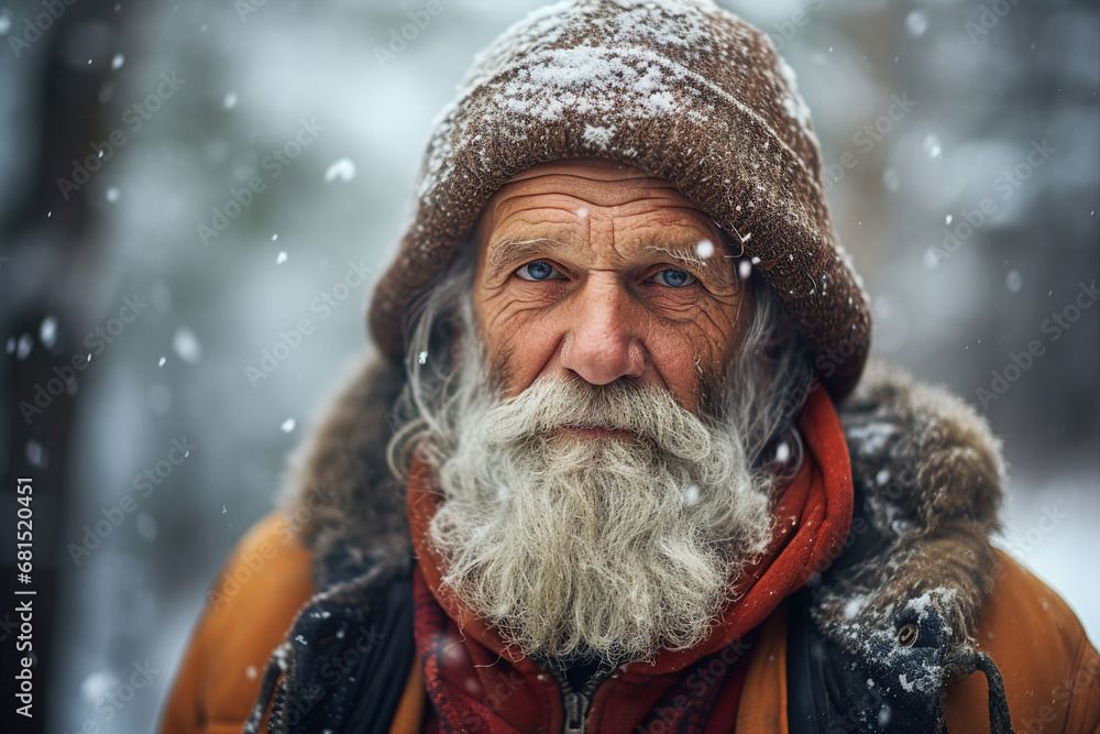 Fototapeta premium Generative AI portrait of aged senior grandpa woodcutter in snowy forest tree