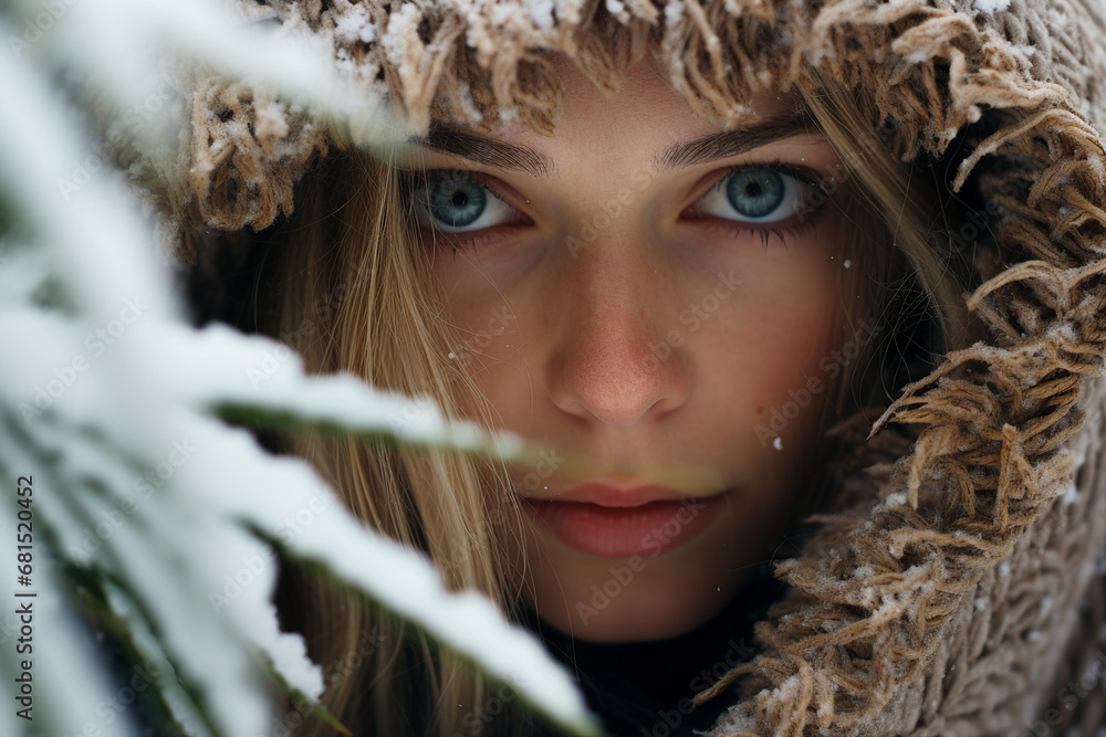 Generative AI portrait of young pretty girl in snowy forest tree magic atmosphere Generative AI portrait of young pretty girl in snowy forest tree magic atmosphere