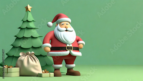 Bożonarodzeniowe tło z figurką Świętego Mikołaja, choinką i prezentami 3D w odcieniach zieleni i czerwieni z miejscem na tekst