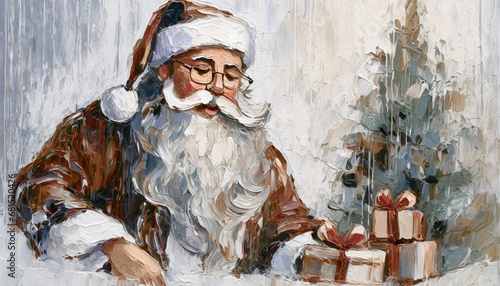Święty Mikołaj z prezentami i choinką. Ilustracja obraz
