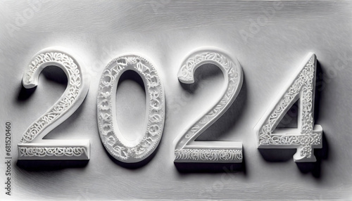 Biały, trójwymiarowy napis 2024 na białym tle. Tło, ilustracja na Sylwestra, Nowy Rok