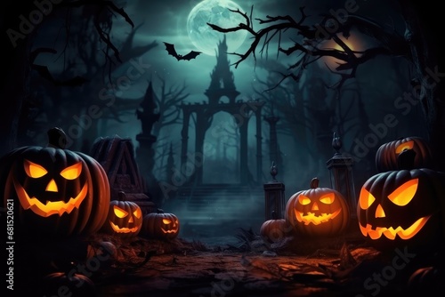 Evil halloween background pumpkin head the cemetery bats fly and candles burning