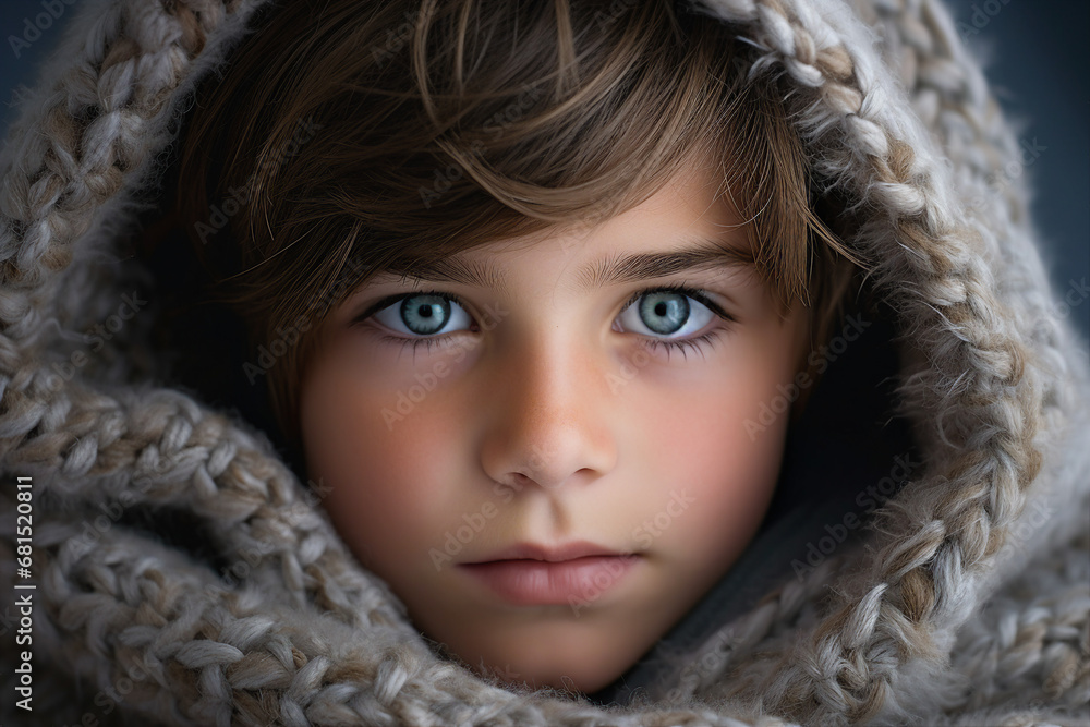 Generative AI closeup portrait charming little kid wrapped in warm laundry blanket waking up weekend Generative AI closeup portrait charming little kid wrapped in warm laundry blanket waking up weekend
