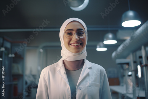 Portrait of a female muslim scientist, lab assistant, chemist, or biologist in the workplace wearing a hijab 