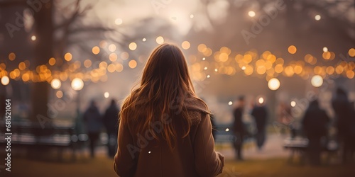 Back view of a woman walking alone in a evening park full of people with out of focus blurred bokeh lights climatic beautiful background - Generative ai © Lukasz Czajkowski