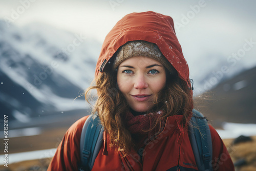 Happy young woman wearing warm winter hiking clothes climbing high peak mountain Generative AI picture © Tetiana