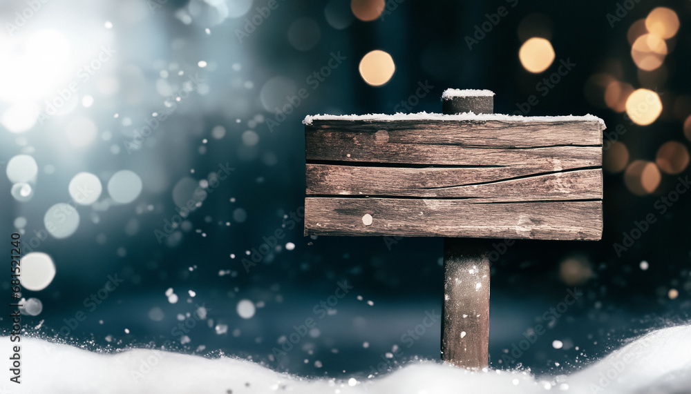 Fototapeta premium Christmas wood sign with golden ornaments and pine branches, Gold, Dark Blue.Artfully Arranged with Festive Holiday light. Blurre background sparkle and glitter, bokeh, elegant, aesthetic, copy space