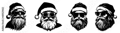 Holiday Christmas / santa claus symbol sticker vector logo illustration - Collection set of black silhouette of cool hipster santa claus or nicholas with sunglasses, isolated on white background