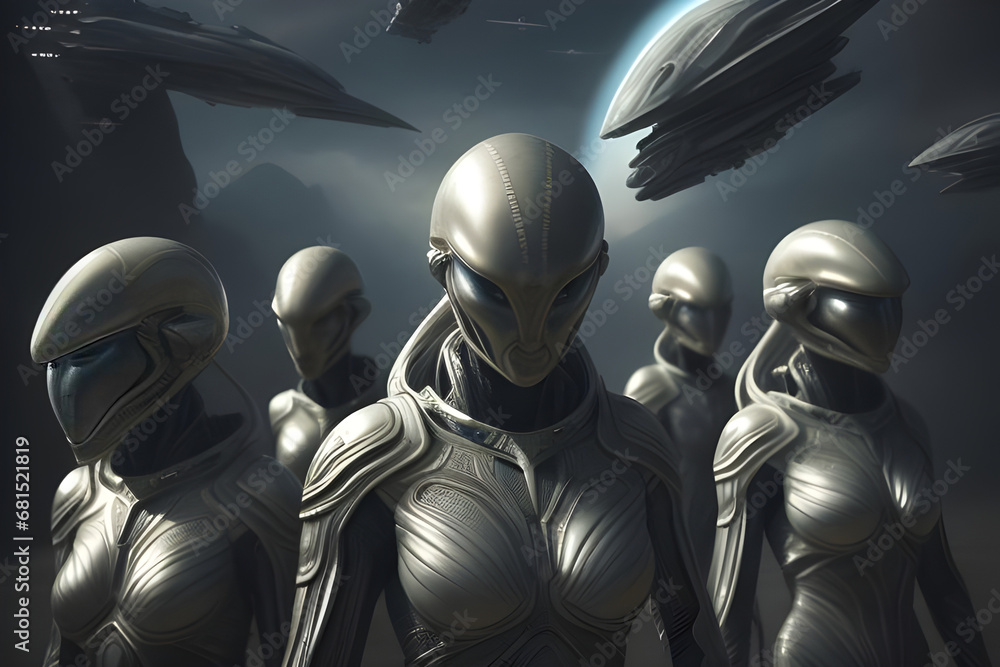 Atmospheric alien battle force with spaceships flying over. Generative AI Atmospheric alien battle force with spaceships flying over. Generative AI