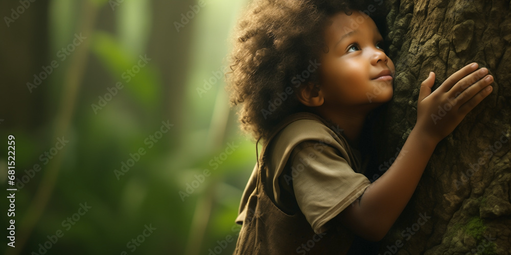 Child hugging a tree. Caring for and protecting natural environments. Embracing the planet in a gesture of love and commitment to nature. Concept of ecology, spirituality and adventure. - obrazy, fototapety, plakaty 