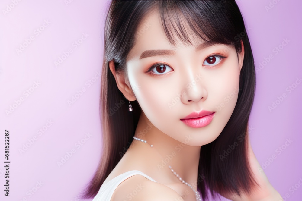 Beautiful Asian Girl On Pale Purple Color Background Beautiful Asian Girl On Pale Purple Color Background