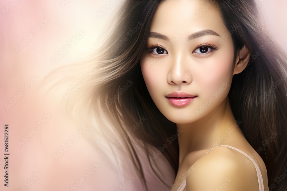 Obraz premium Beautiful Asian Girl On Pastel Background Copy Space
