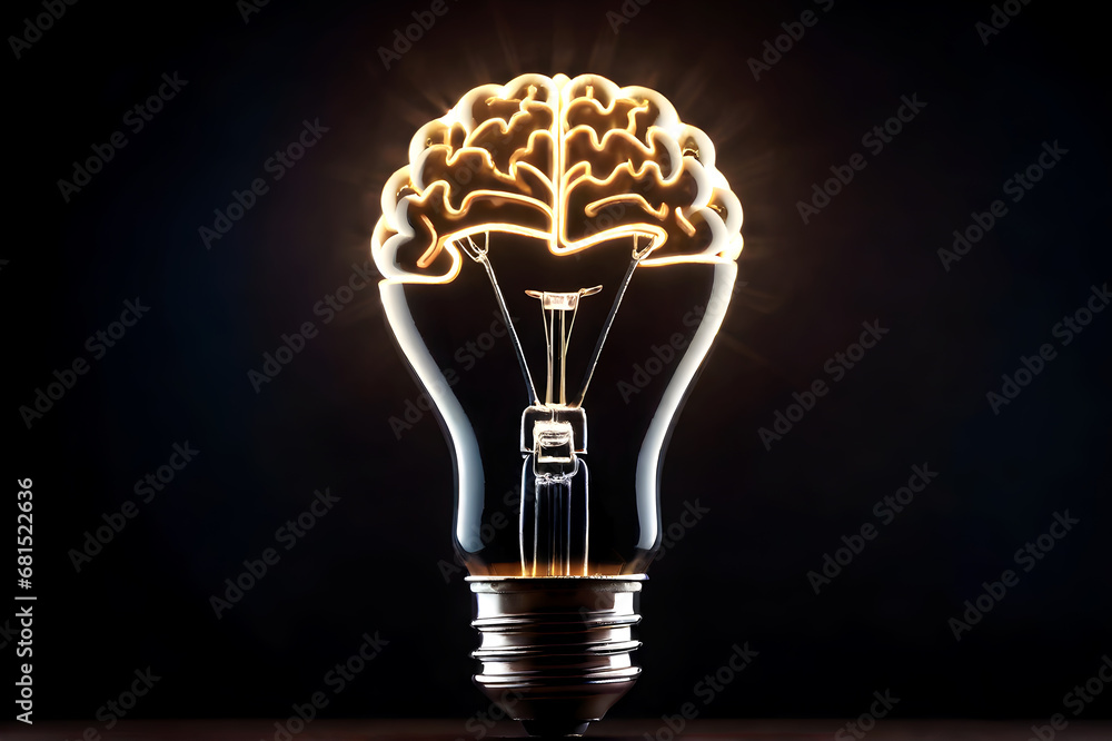 The Brain, glowing in light bulb on dark background.