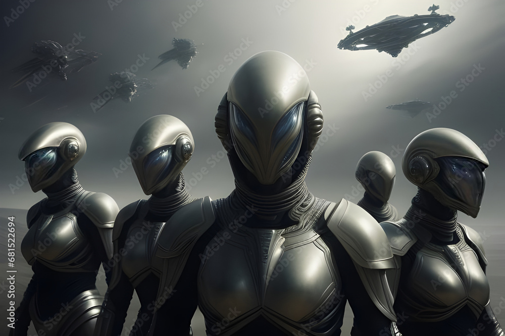 Atmospheric alien battle force with spaceships flying over. Generative AI Atmospheric alien battle force with spaceships flying over. Generative AI