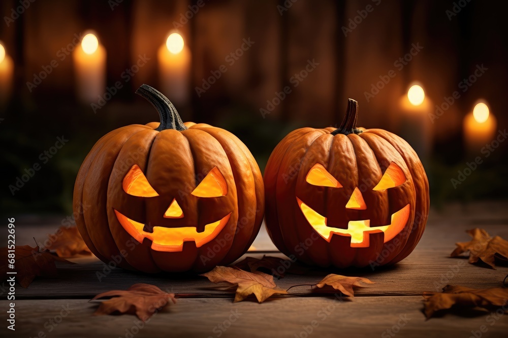 Two funny angry Halloween pumpkin head jack lantern candles burning fire Two funny angry Halloween pumpkin head jack lantern candles burning fire