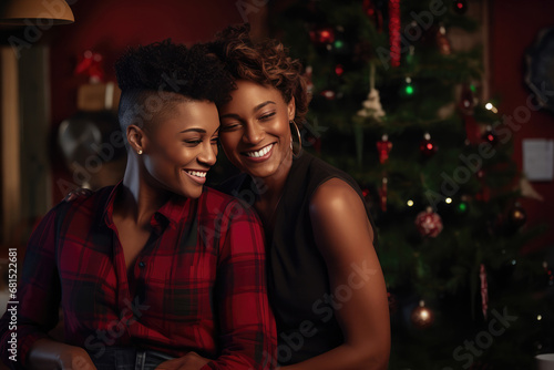 Black Lesbian Couple Exchanging Gifts  Christmas Cheer Indoors
