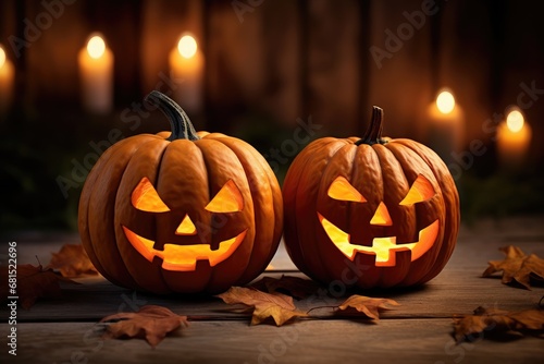 Two funny angry Halloween pumpkin head jack lantern candles burning fire