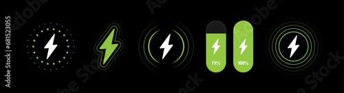 Logo set of wireless charger with waves and indicator of battery charging level. Fast wireless charging technology. Wireless charger sign with lightning and waves. Vector illustration