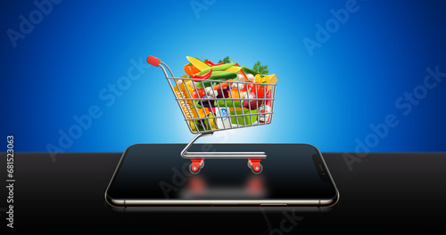 E-commerce or online shopping concept with trolley pushing cart on mobile phone. online shopping creative manipulation. shop discount creative. shopping creative. grocery shopping e-commerce store.
