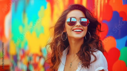 Beautiful young woman wearing stylish glasses happy smile on a colorful background