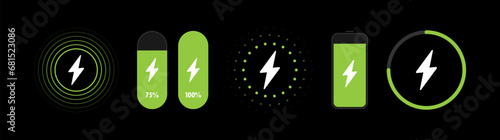 Logo set of wireless charger with waves and indicator of battery charging level. Fast wireless charging technology. Wireless charger sign with lightning and waves. Vector illustration