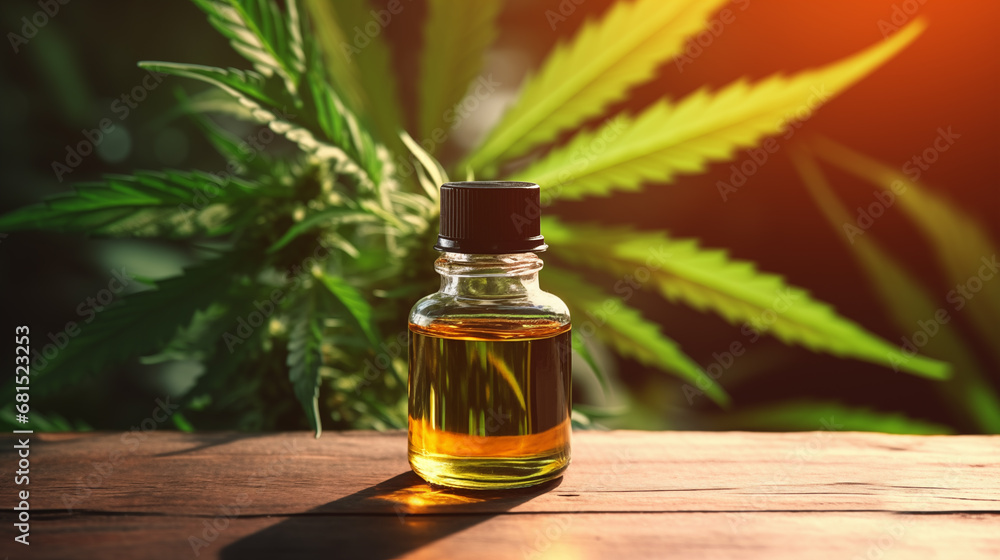 Hemp oil or CBD oil is a medical product for treating disease. on the background of marijuana leaves Hemp oil or CBD oil is a medical product for treating disease. on the background of marijuana leaves