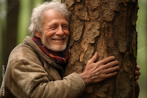Senior person hugging a tree. Caring for and protecting natural environments. Embracing the planet in a gesture of love and commitment to nature. Concept of ecology, spirituality and adventure.