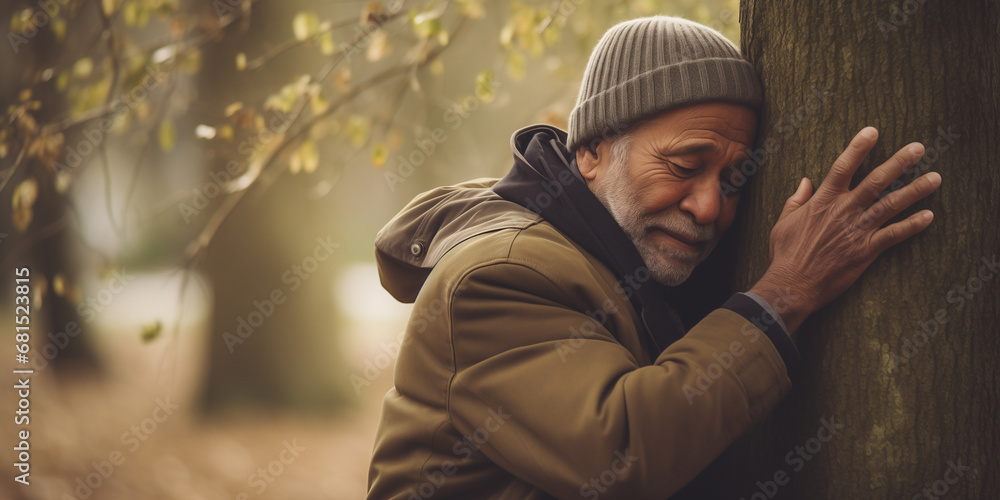 Senior person hugging a tree. Caring for and protecting natural environments. Embracing the planet in a gesture of love and commitment to nature. Concept of ecology, spirituality and adventure. - obrazy, fototapety, plakaty 