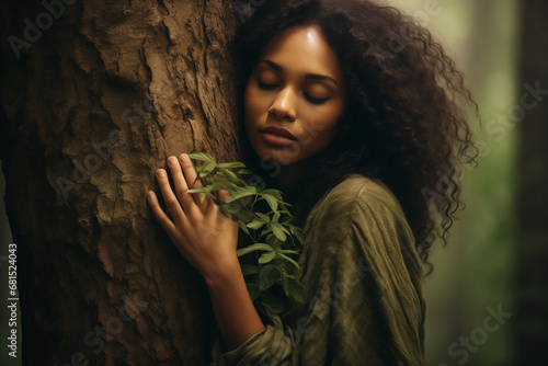 Woman hugging a tree. Caring for and protecting natural environments. Embracing the planet in a gesture of love and commitment to nature. Concept of ecology, spirituality and adventure.