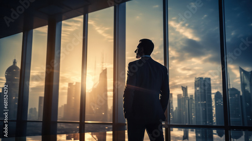 Contemplating Business Organizations, A Businessman Stands Back in the Office city background © pkproject
