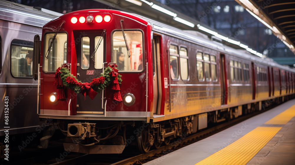 Obraz premium Decorated christmas train, ai generated