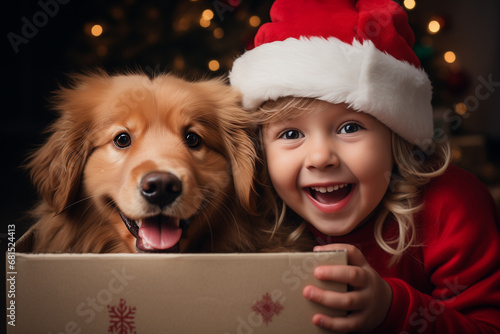 excited child with his dog holding a gift , festive christmas background, ai generated
